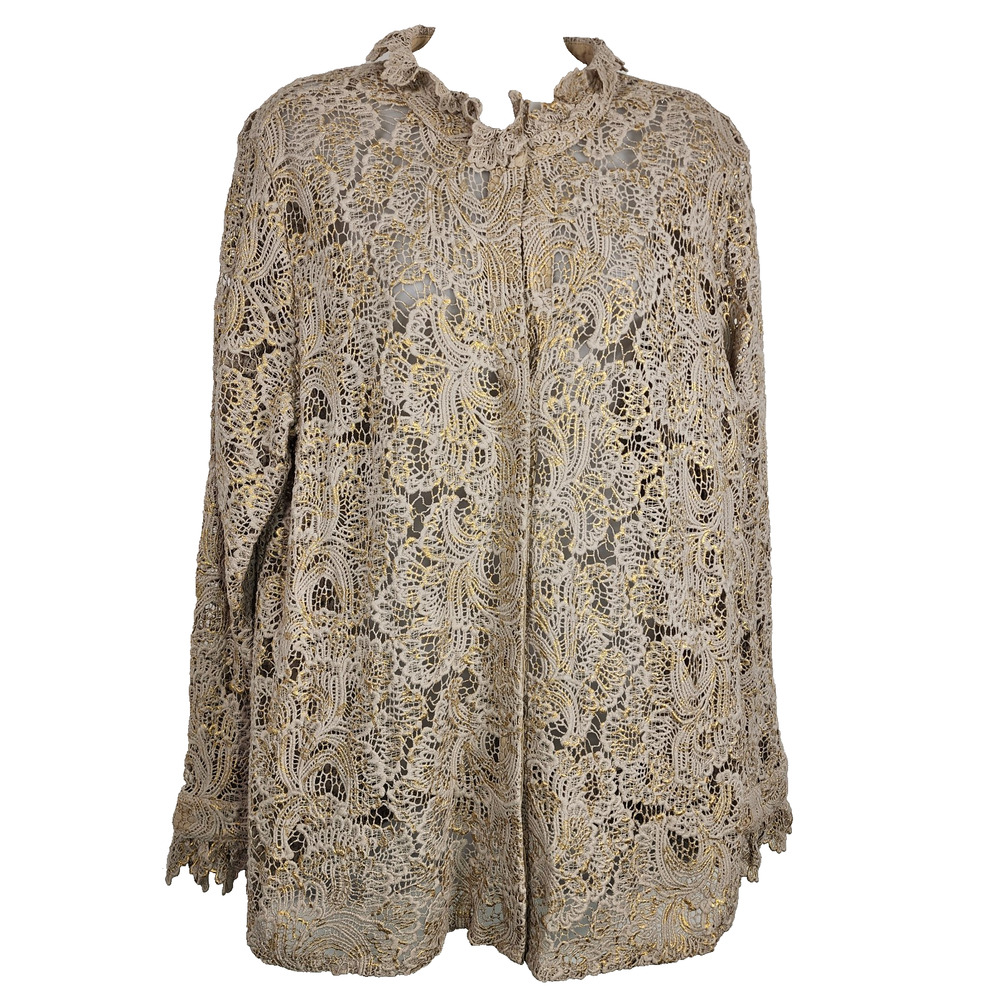 Soft Surroundings Women Button Blouse Lace Ruffle High Neck L Victorian Romantic